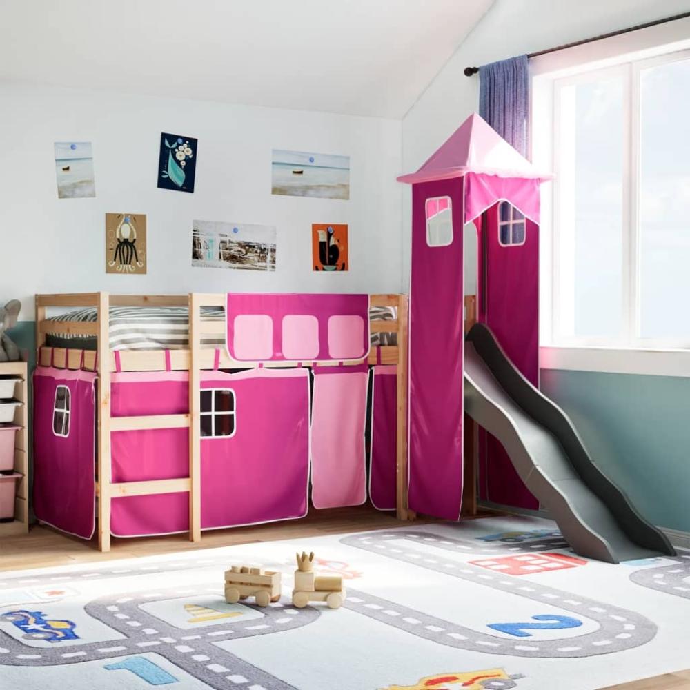 vidaXL Kinderhochbett mit Turm und Rutsche, Rosa, Massivholz Kiefer, Natur, 90 x 200 cm Bild 1