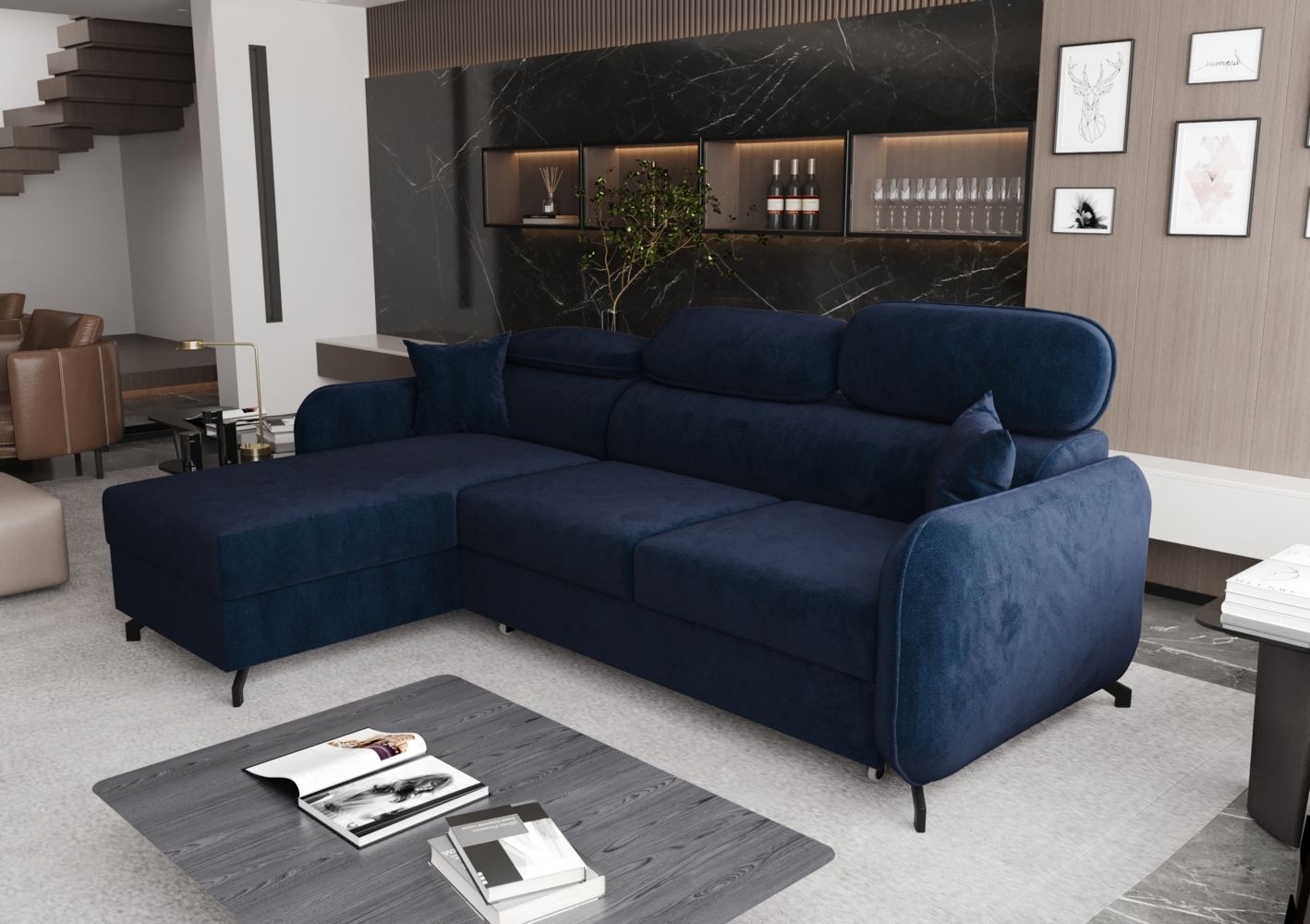 AX LIVING Ecksofa mit Schlaffunktion Ribella 5 L-Form 265 cm, Samt in Blau Links Bild 1