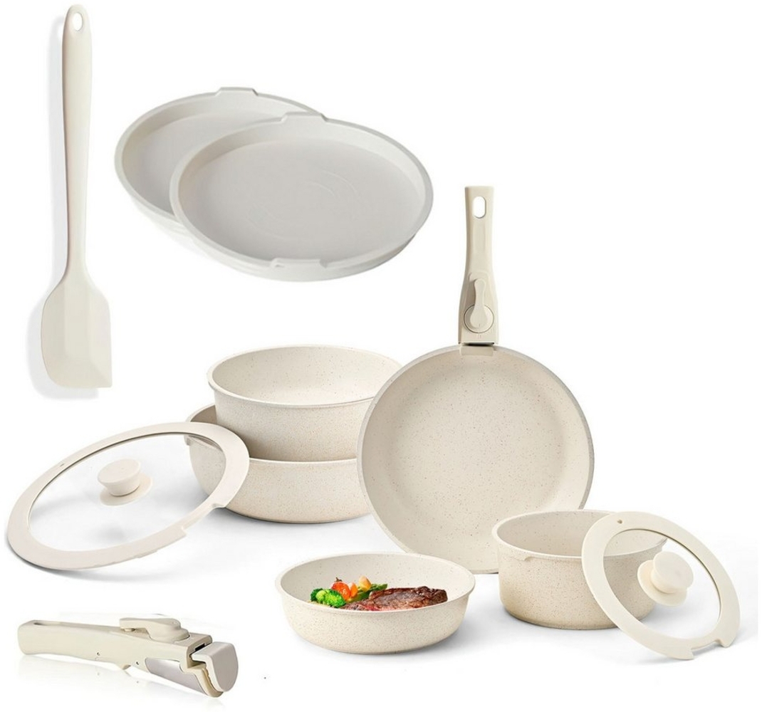 Refined Living Topf-Set 12er Set Töpfe und Pfannen mit abnehmbarem Griff stabil und wackelfrei, (Keramische Antihaft-Pfanne mit Silikonspachtel für einfache Reinigung, 12-tlg, Kochtopf mit Aufbewahrungsdeckel zum einfachen Aufbewahren von Resten), Set ... Bild 1