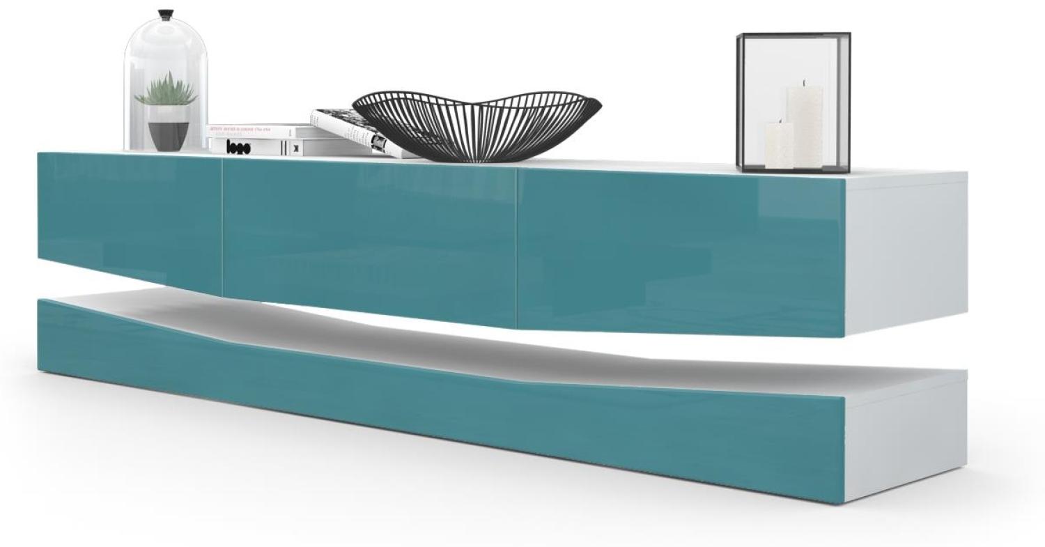 Vladon Lowboard City, TV-Kommode mit Sockelelement, 1 offenem Fach und 3 Schubkästen, Weiß matt/Petrol Hochglanz (178 x variabel x 39 cm) Bild 1