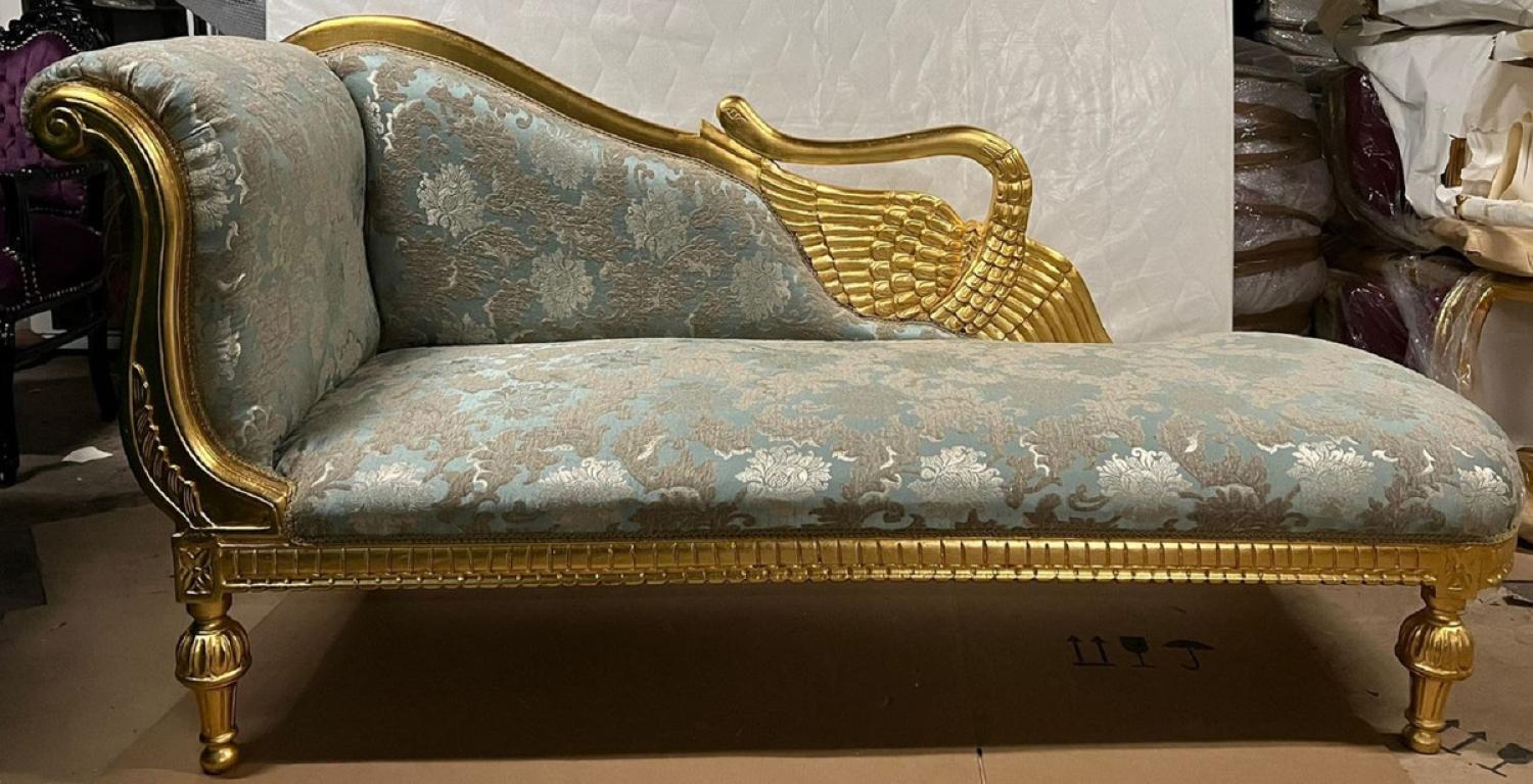 Casa Padrino Barock Chaiselongue Linke Seite Türkis / Grau / Silber / Gold - Handgefertigte Massivholz Recamiere mit elegantem Muster - Barock Wohnzimmer Möbel - Edel & Prunkvoll Bild 1