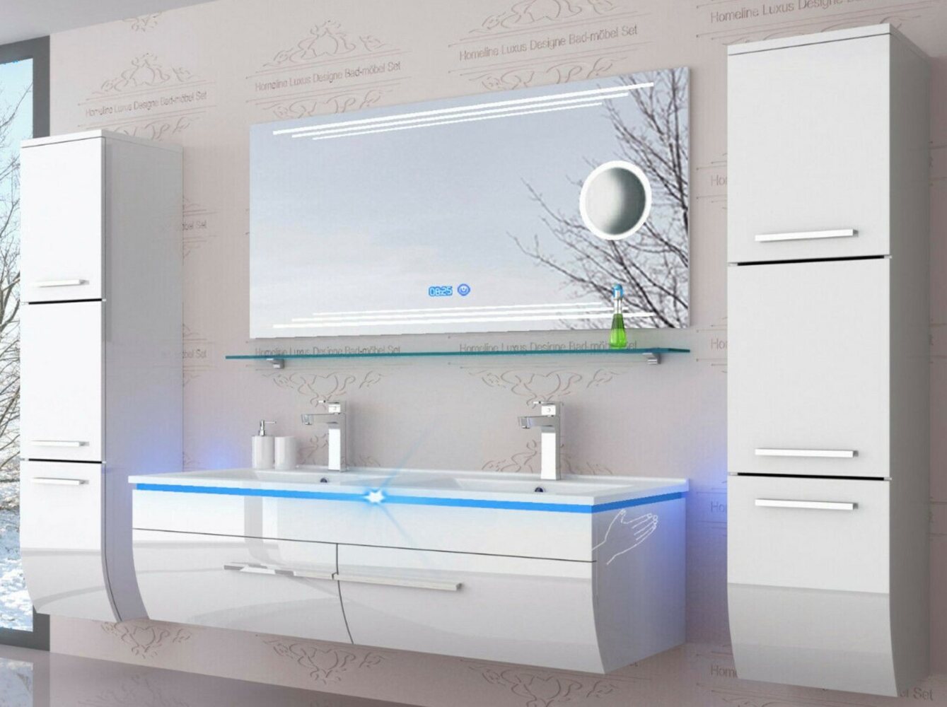 Homeline Badmöbel-Set Doppelwaschtisch mit unterschrank Badmöbel Set montiert Weiss, (6-St) Bild 1