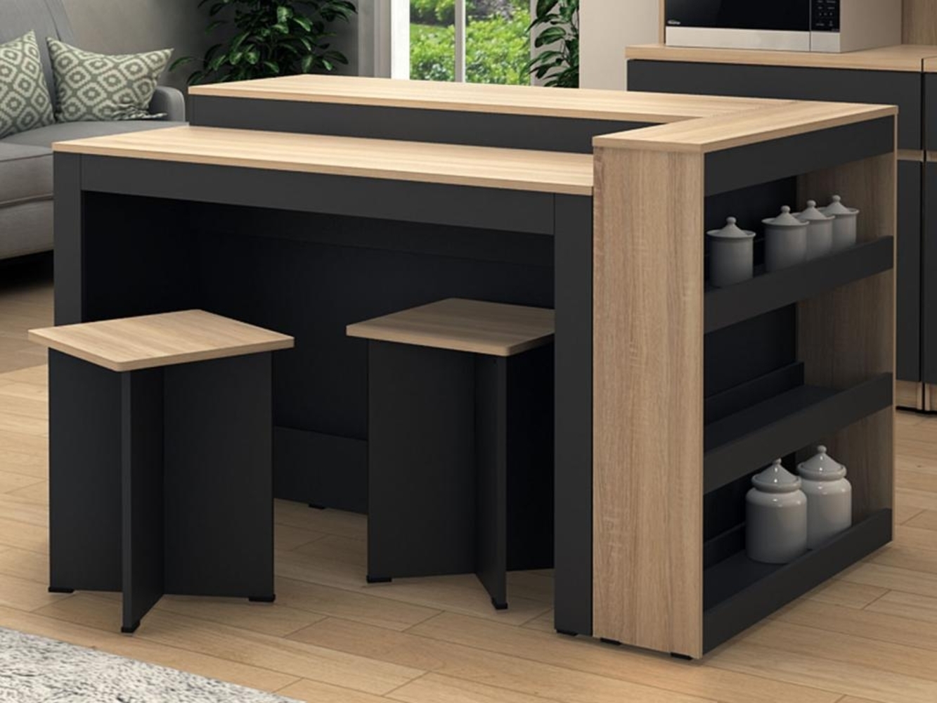 Vente-unique - Set zentrale Kücheninsel + 2 Hocker - Schwarz & Holzfarben hell - NUSICE Bild 1