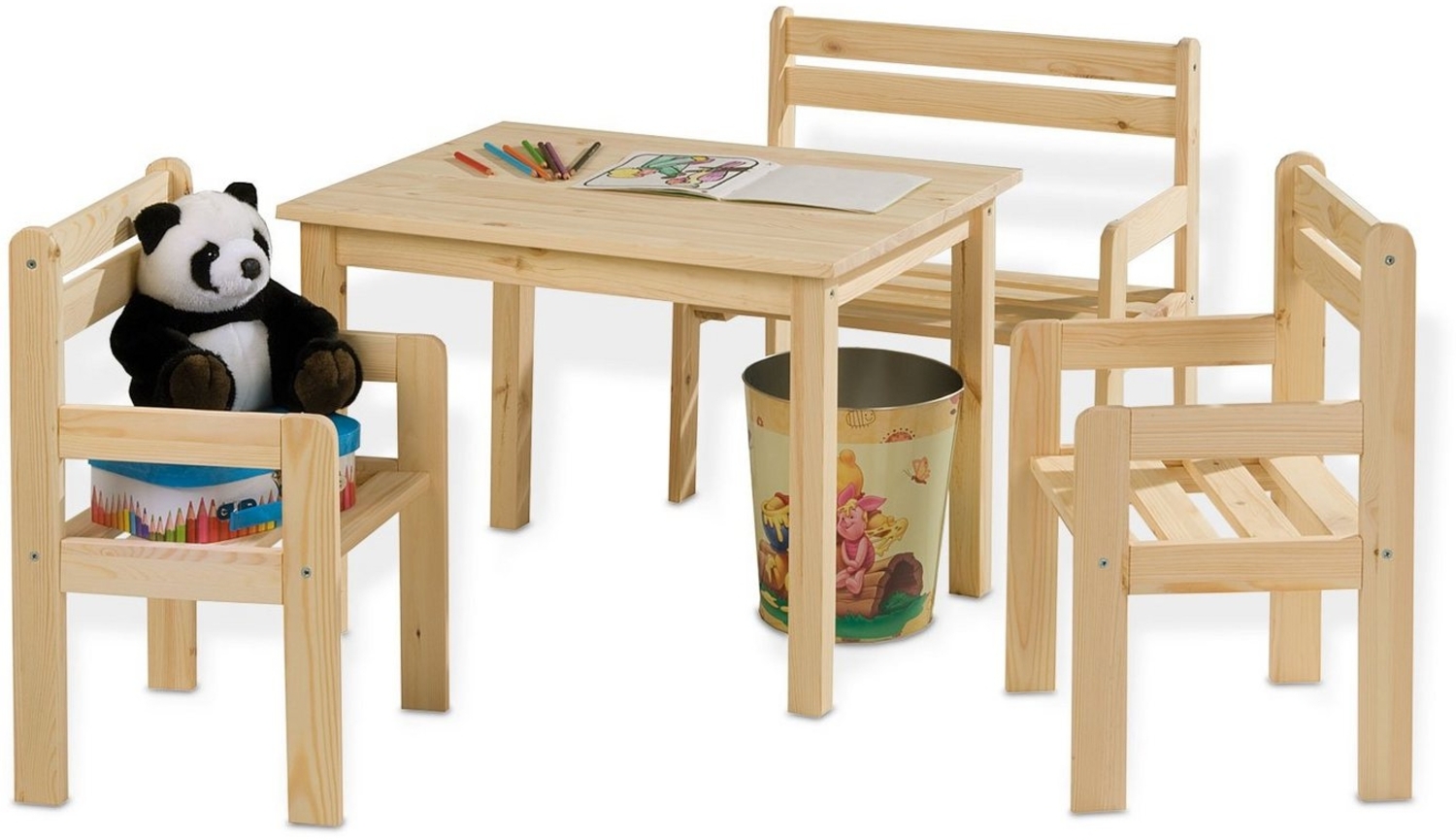 Home4You Kindersitzgruppe 4-teilig, Kiefer, Braun, 1 Tisch, 1 Bank mit Armlehnen, 2 Stühle mit Armlehnen Bild 1