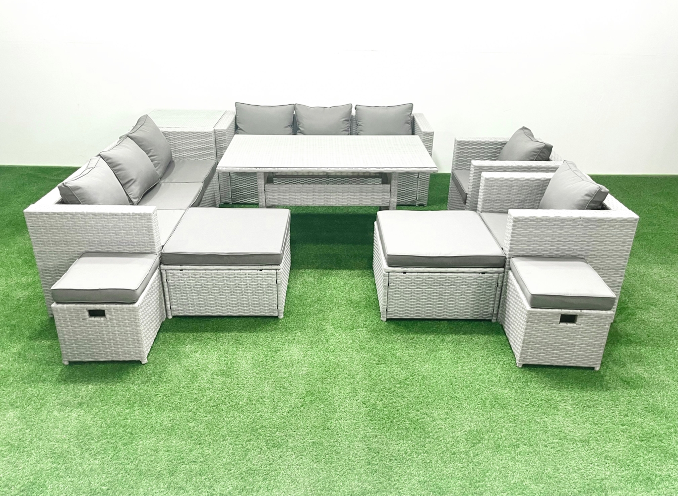 Fimous Rattan Gartenmöbel Essgarnitur 12 Sitzer Lounge Sofa Stuhl Esstisch Set mit 4 Hockern Beistelltisch Hellgrau gemischt Bild 1