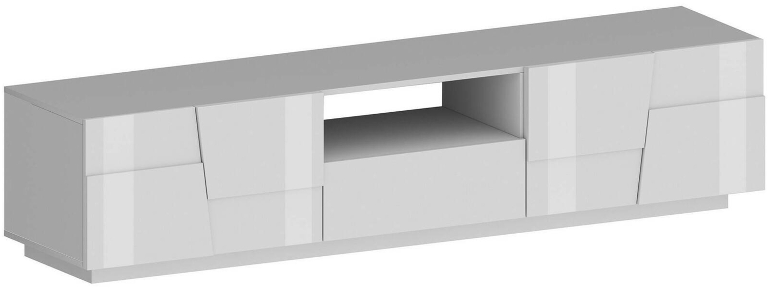 Dmora TV-Ständer Velio, niedriges Wohnzimmer-Kommode mit 2 Türen und 1 Schublade, TV-Ständer-Basis, 150x44x46 cm, glänzendes Weiß Bild 1