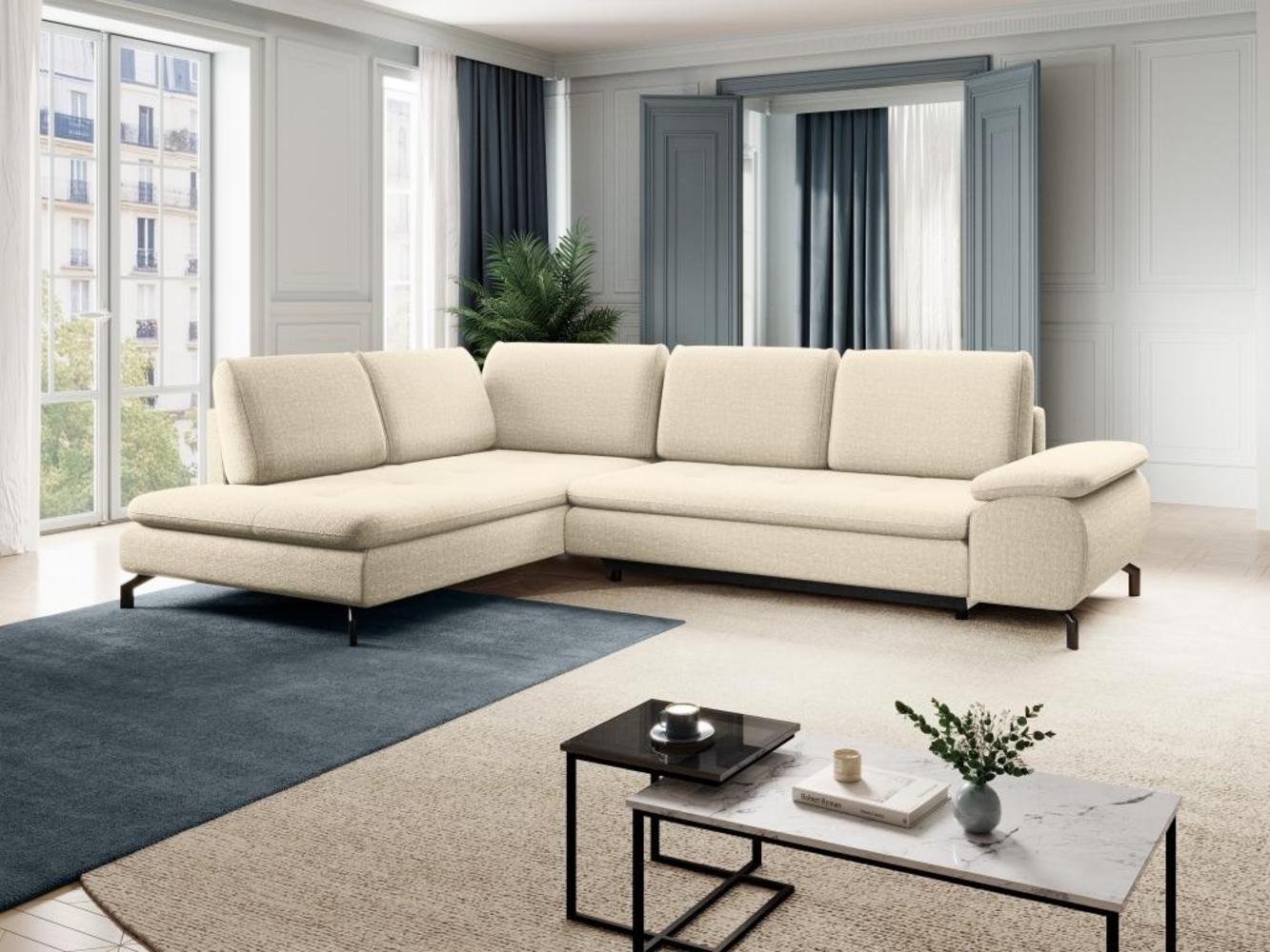 Vente-unique - Großes Ecksofa mit Schlaffunktion - Ecke links - Strukturstoff - Beige - ARCHIBALD Bild 1