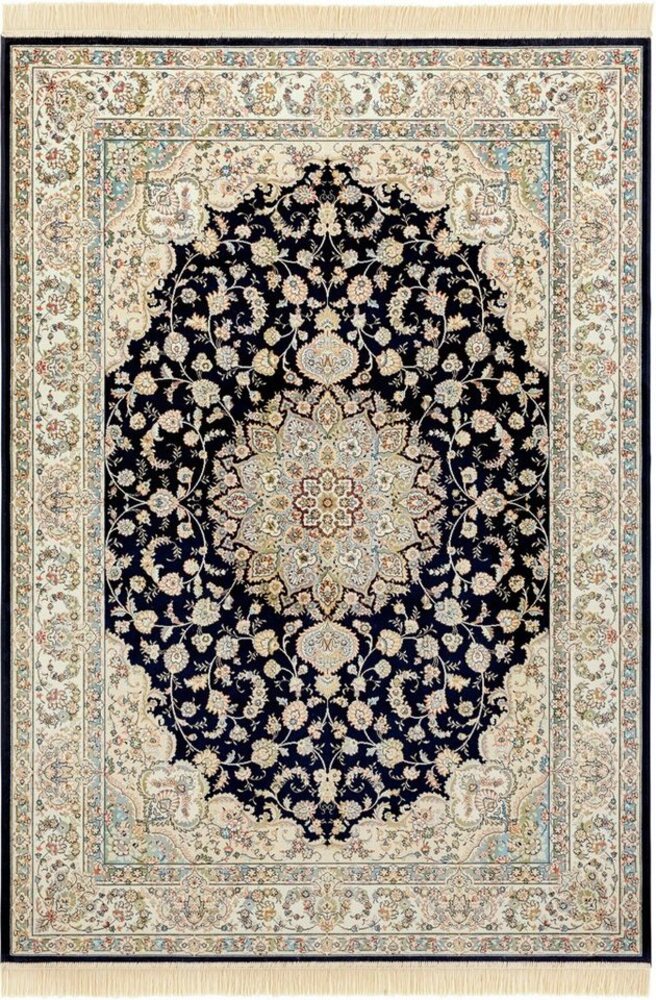 Orientalischer Samt-Teppich Fransen Antik Nain Dunkelblau Grün - 95x140x0,5cm Bild 1