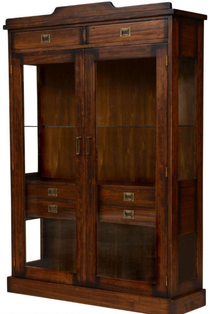 Casa Padrino Luxus Vintage Stil Vitrine Braun / Messing 120 x 37 x H. 171,5 cm - Massivholz Vitrinenschrank mit 2 Glastüren und 6 Schubladen - Massivholz Möbel - Vintage Stil Möbel - Luxus Möbel Bild 1