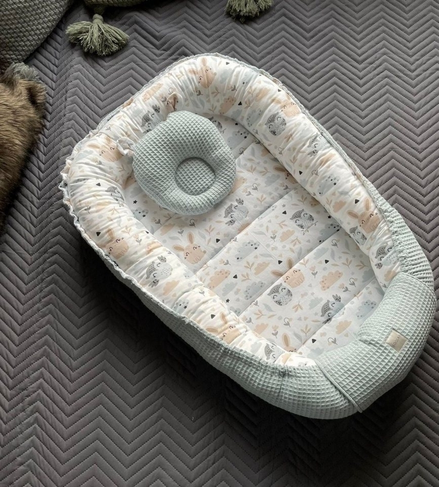 Loolay Bettnestchen Minze WAFFELPIQUE/ HASE Beige Weiß Babynest Babyausstattung, (Reisebett Nestchen SOLO/ o. in PREMIUM Geschenk SETS für Neugeborene, 2-tlg, 4 Jahreszeiten ATMUNGSAKTIVER WAFFELSTOFF Bestseller GESCHENK), LOOLAY® - 100% Europäische St... Bild 1