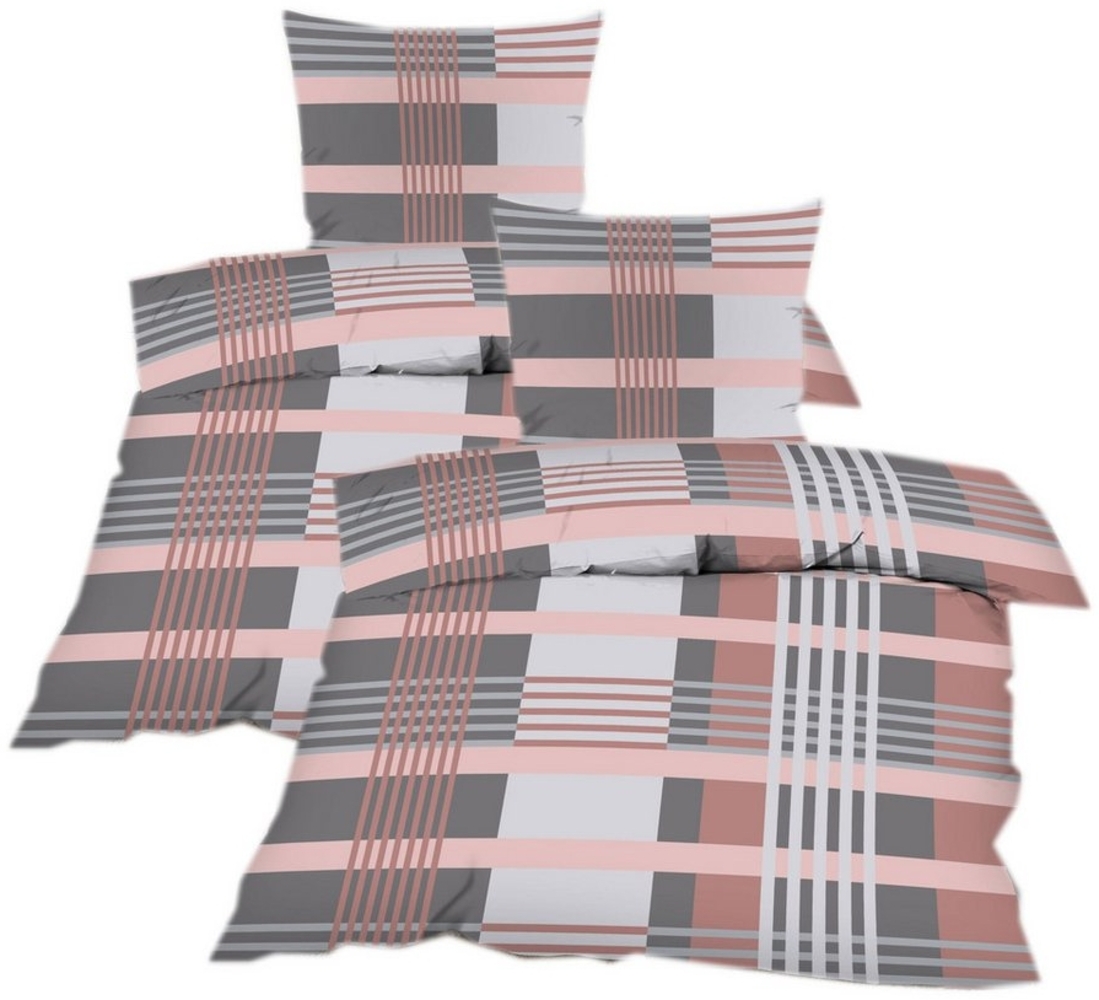 Casa Colori Bettwäsche Renforce Ganzjahres Bettgarnitur 135x200 cm, Renforce, 4 teilig, Grau Altrosa kariert Bild 1