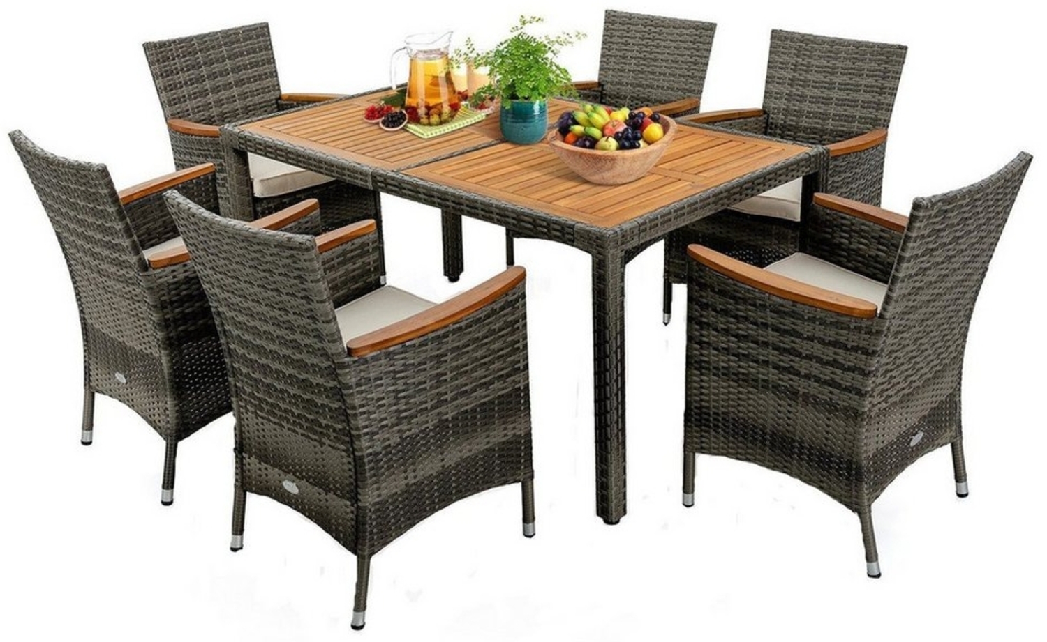 COSTWAY Garten-Essgruppe 6 Personen, (7 tlg), Rattan & Akazienholz, mit Auflage Bild 1