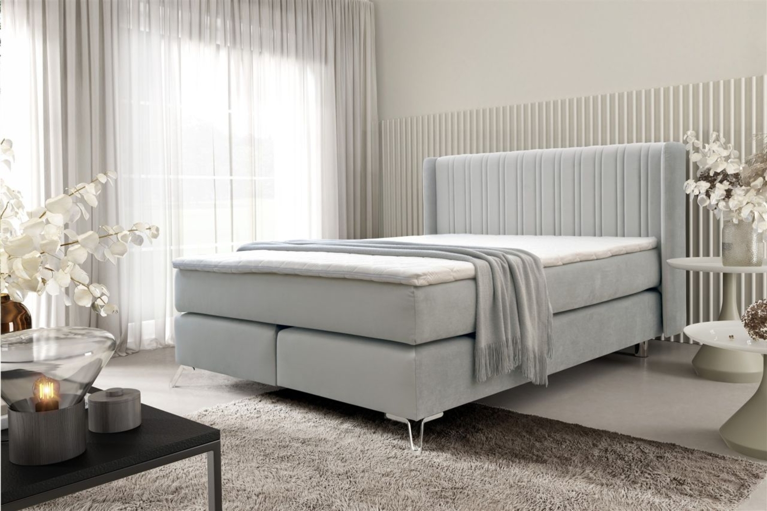 Boxspringbett Schlafzimmerbett AGNUS 200x200 cm in Stoff Salvador Hellgrau Bild 1