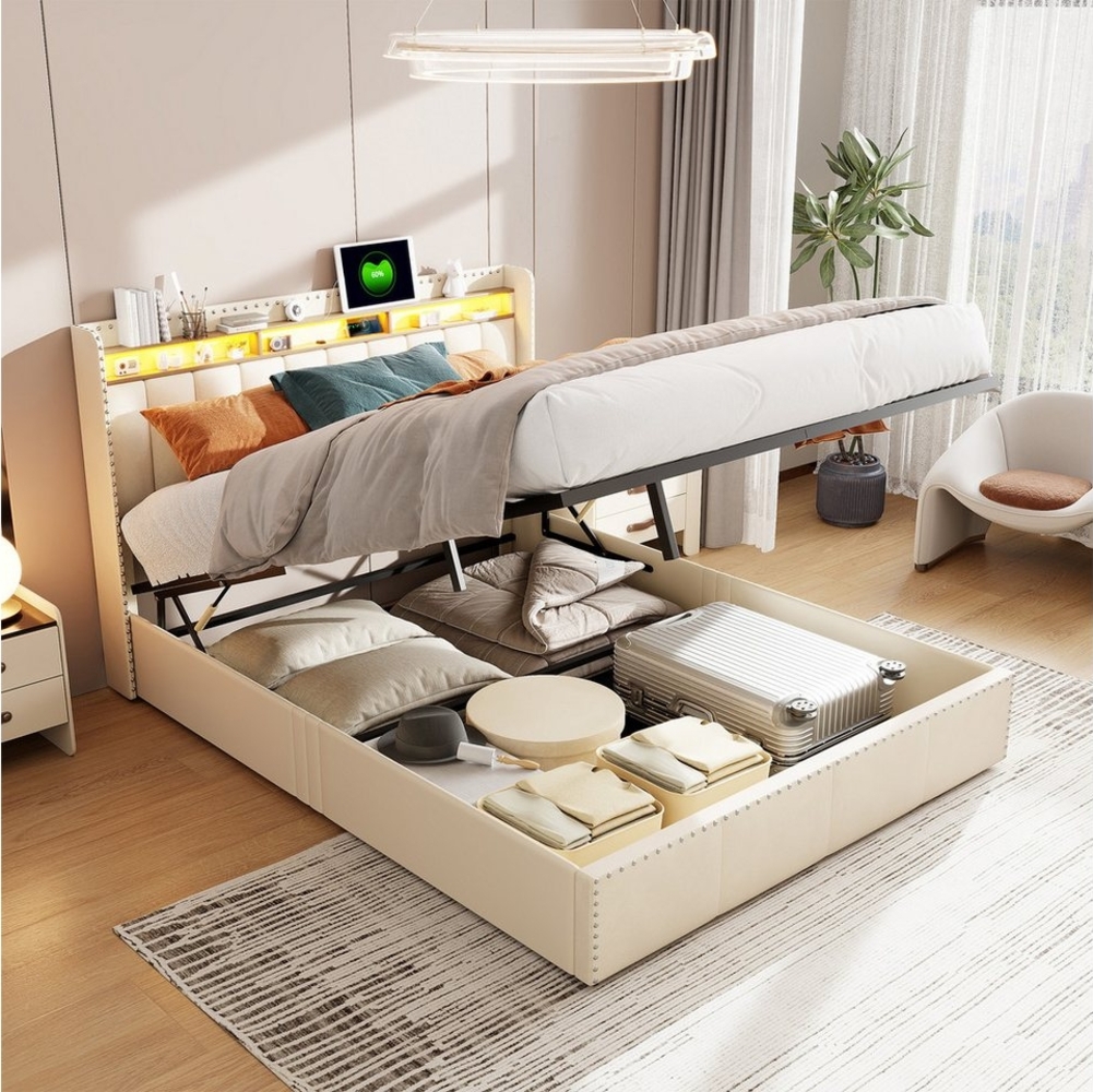 PXloue Polsterbett Doppelbett Stauraumbett mit bettkasten (Geeignet für Jungen und Mädchen), mit Lattenrost und USB- und TYP-C-Ladeanschlüsse, Samt, 140x200 cm Bild 1