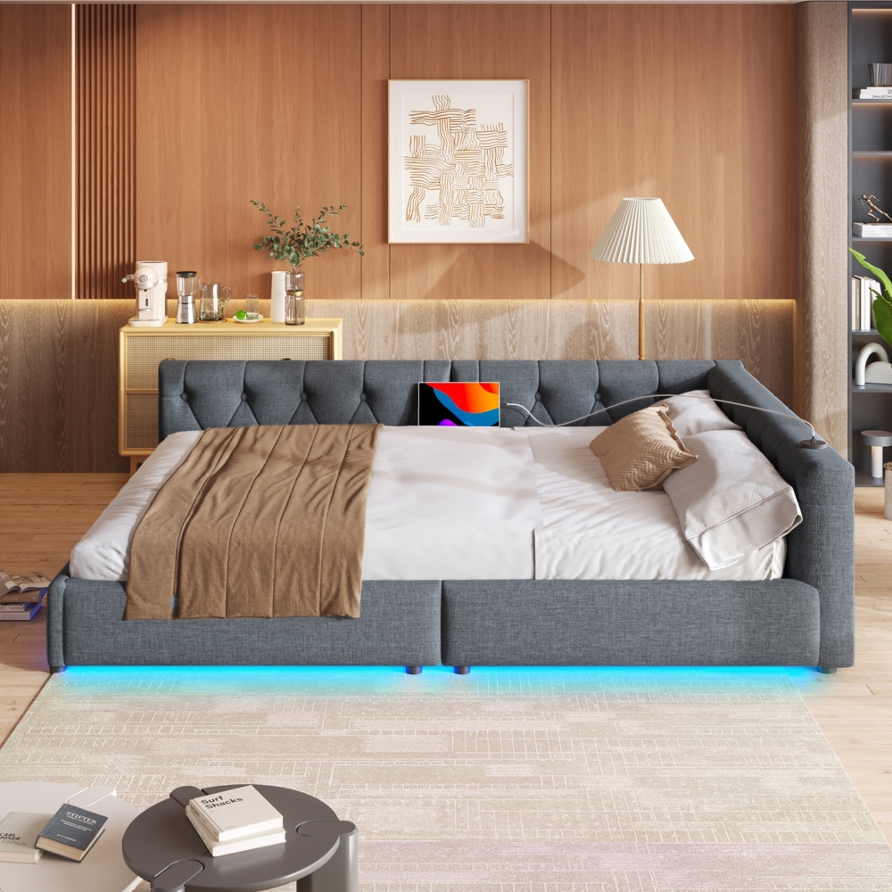 Merax Schlafsofa, Daybett, Tagesbett, 140x200cm, Schlafsofa mit Lattenrost (ohne Matratze), Ambientebeleuchtung mit Fernbedienung, Kopfteil mit Knopftuft, Usb+Typ-c, Leinen, Grau Bild 1