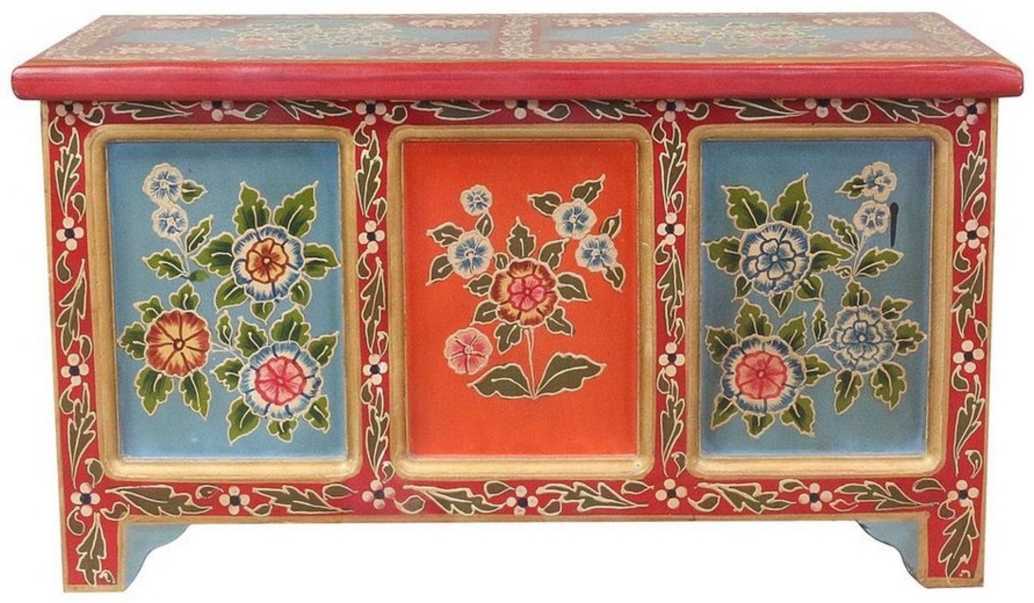 Oriental Galerie Truhe Indische Truhe Rot mit aufwendiger Blumen Malerei 80 cm Bild 1