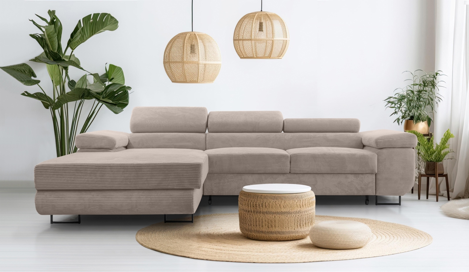 AX LIVING Cord Couch L Form – Arborio 280cm L Ecksofa in Beige mit Schlaffunktion Bild 1