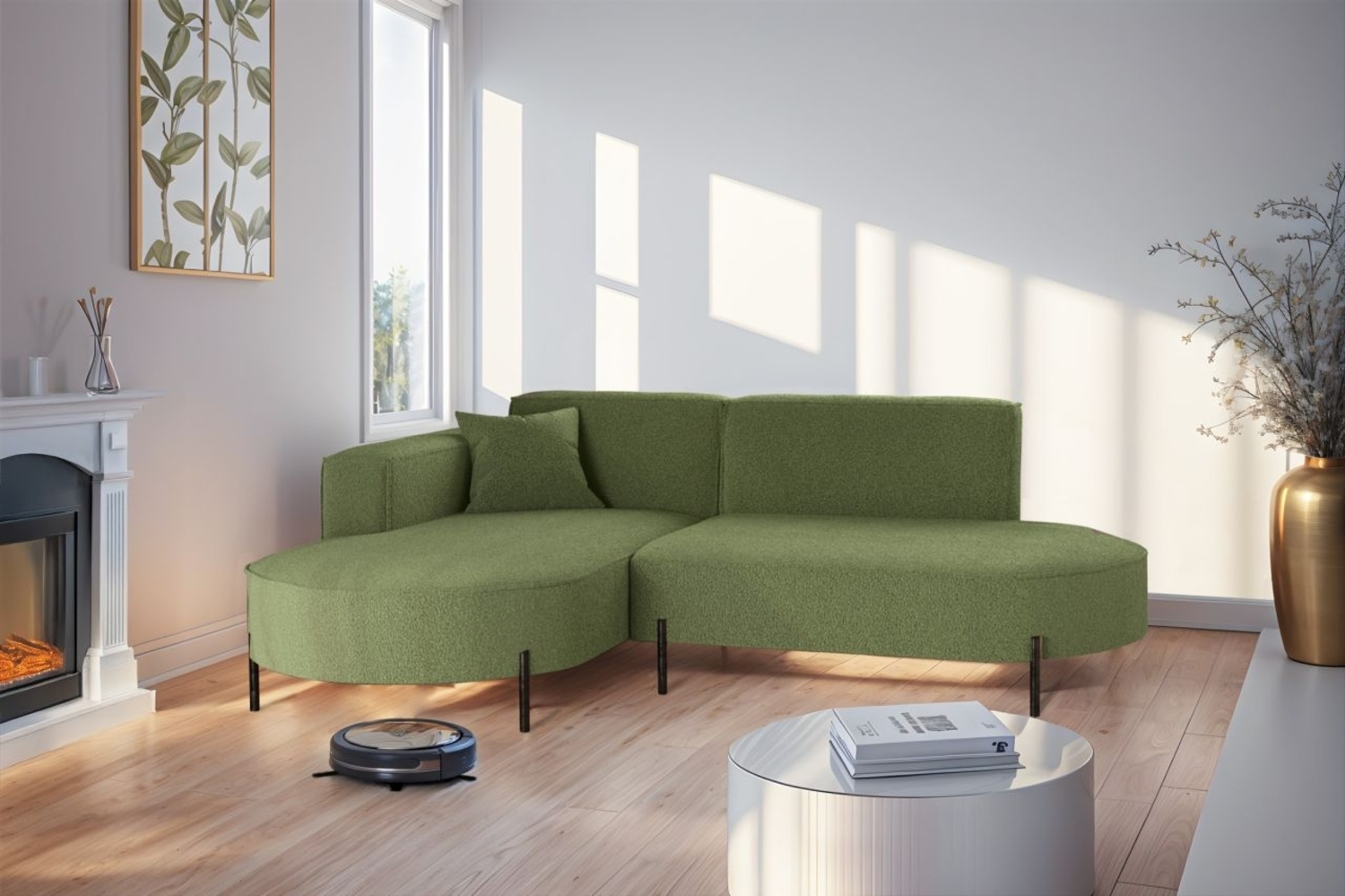 Ecksofa Designersofa VALENCIA XS in Stoff Quelle Hellgrün Ottomane Links Bild 1
