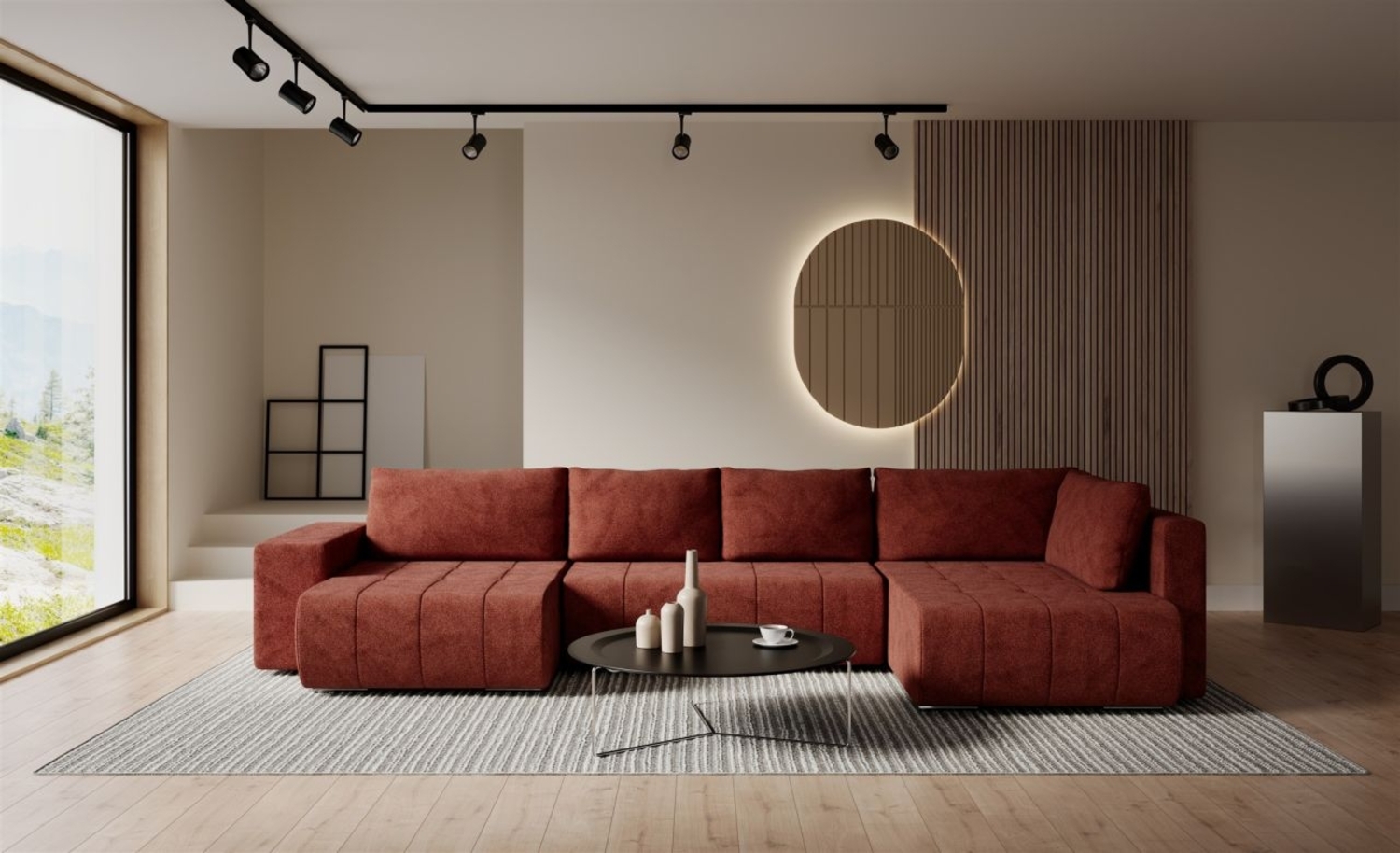 Wohnlandschaft Schlafsofa ARMANDA in Stoff Blur Rostbraun langer Schenkel Rechts Bild 1
