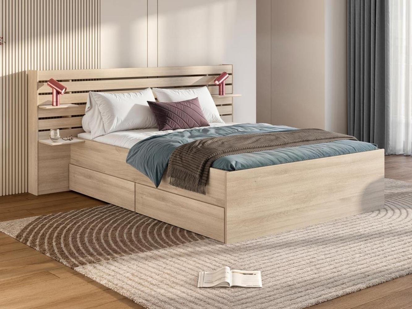 Vente-unique - Bett 140 x 190/200 cm mit Stauraum + Lattenrost + Matratze - Holzfarben - TENALIA II Bild 1