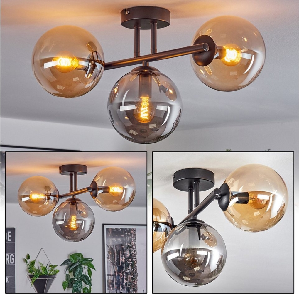hofstein Deckenleuchte 3-flammige Deckenlampe a. Metall/Glas in Schwarz/Rauch/Bernsteinfarben, ohne Leuchtmittel, Leuchte im Retro/Vintage-Design (Schirme Ø 15 cm), E14, Esszimmer Bild 1