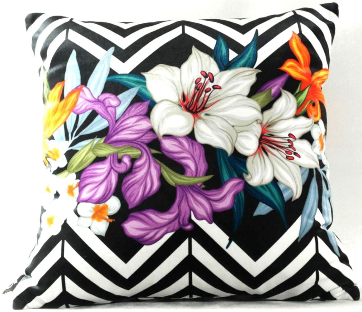 Casa Padrino Wohnzimmer Kissen Georgia Flowers Schwarz / Weiß / Mehrfarbig Lilie 45 x 45 cm - Feinster Samtstoff - Luxus Deko Accessoires Bild 1