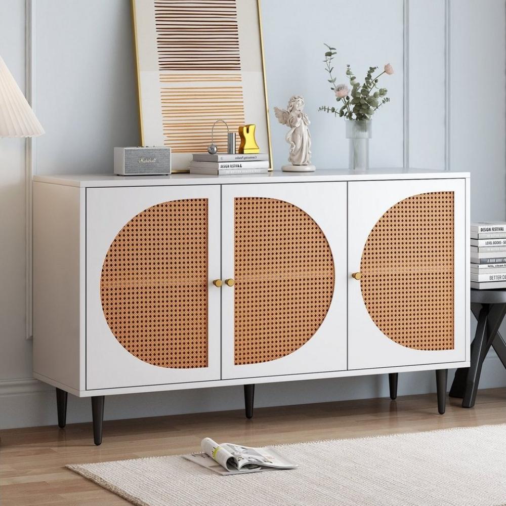 OKWISH Sideboard im Vintage-Stil mit 6 Fächern (Kommode mit 3 Rattan-Türen und Metallbeine, Breite 130cm, im Vintage-Stil mit 6 Fächern) Bild 1