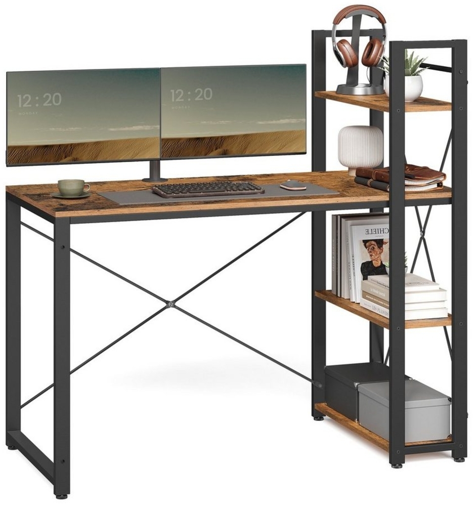 Vasagle Schreibtisch, mit Regalböden rechts oder links, Spanplatte / Stahl, vintagebraun-schwarz, 56 x 120 x 120 cm Bild 1