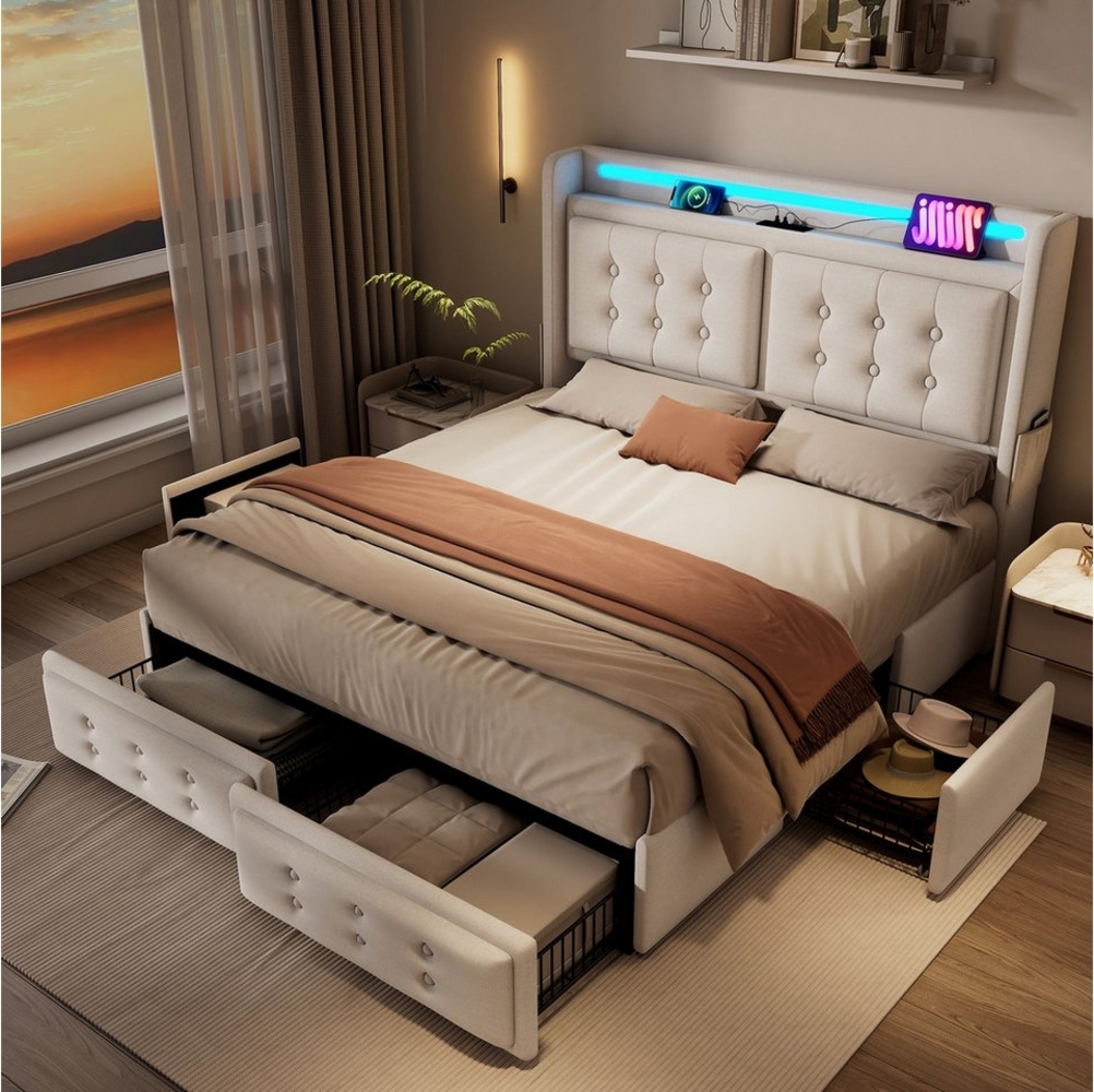 HAUSS SPOLE Polsterbett 180x200cm mit Led-Kopfteil, Ladefunktion und 4 Schubladen, Beige (Stauraumbetten mit Lattenrost, 1-tlg, 180x200cm, ohne Matratze), mit Led-Kopfteil und USB C Ladefunktion und 4 Schubladen Bild 1