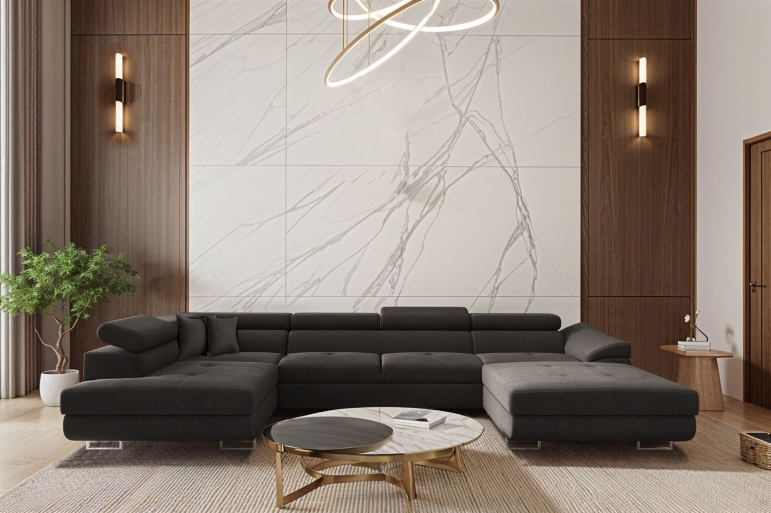 Wohnlandschaft Schlafsofa Sofa CARMELO in Stoff Nova Grafit Ottomane Rechts Bild 1