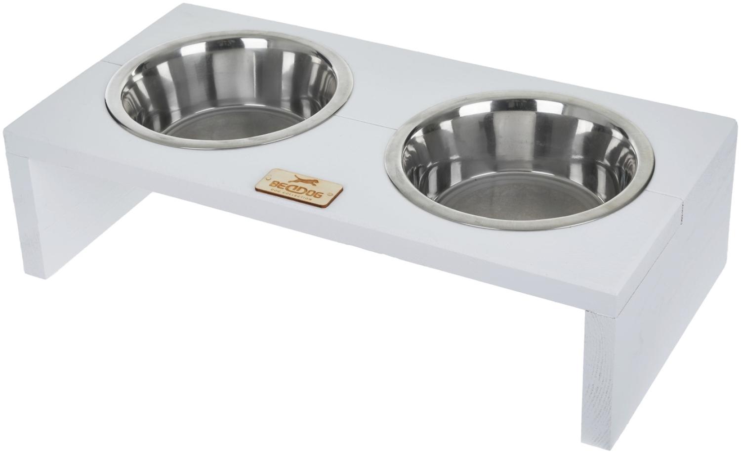 BedDog Hundenapf Duo mit Edelstahl-Schüsseln, erhöhter Doppel-Fressnapf, Hundebar, Katzennapf, Futterstation, 2x 1.6L, WHITE (weiß) Bild 1