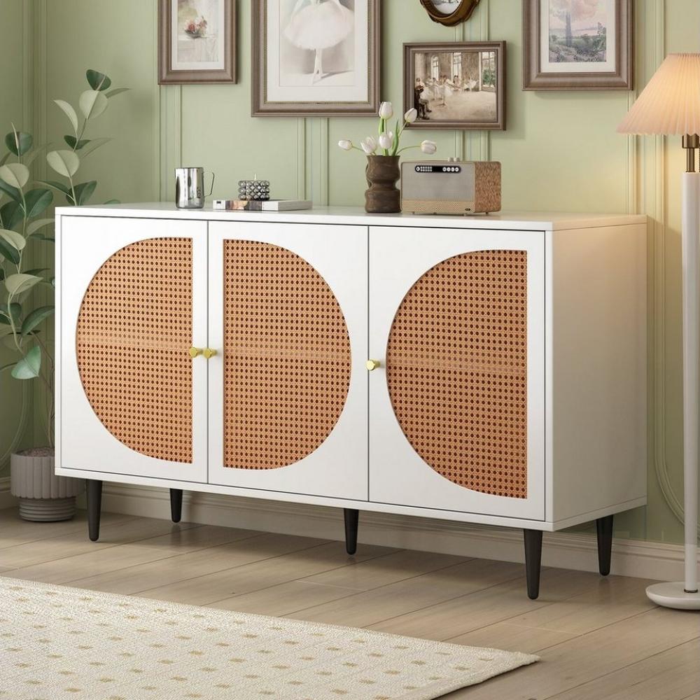 HAUSS SPLOE Sideboard Schubladenkommode, Sideboard Highboard Kommode (mit 3 Rattan verzierten Türen Kommode Highboard mit Metallgriffe, 1 St), Nussbaum 129.8x 40x 76cm Bild 1