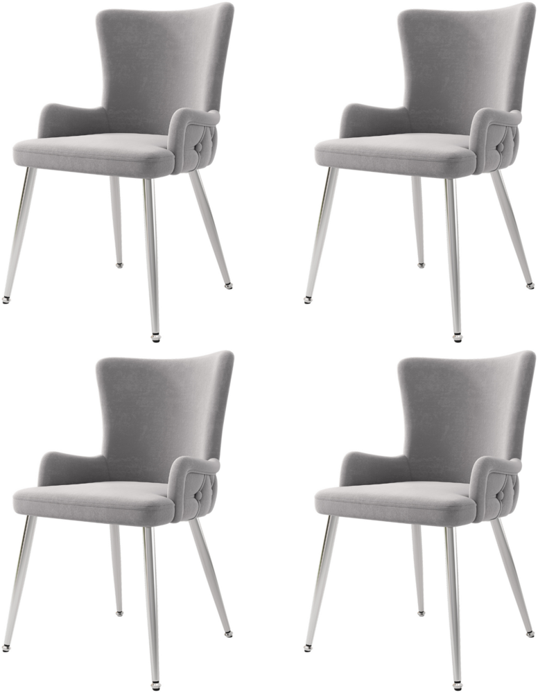 Merax Samt-Esszimmerstuhl, 4er-Set, luxuriöser Wohnzimmer-Schlafzimmer-Loungesessel mit vier silberfarbenen Metallstützbeinen, hellgrau Bild 1