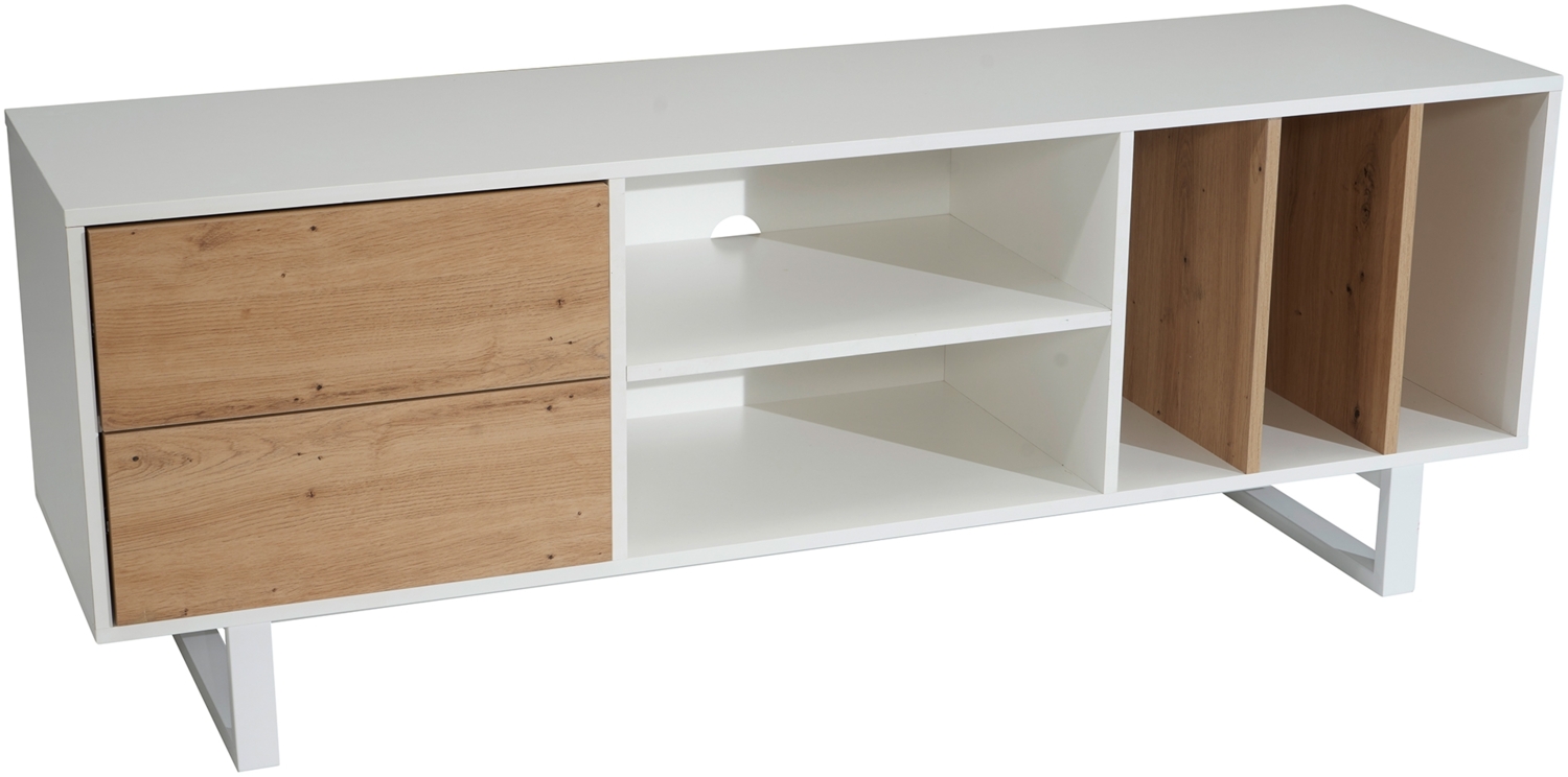 Lowboard Weiß mit Eiche-Dekor 150 x 55 x 40 cm TV-Kommode Modern, Design TV-Schrank Hoch, Fernsehtisch Fernsehschrank mit Schubladen & Regal, Fernsehkommode Wohnzimmer Bild 1