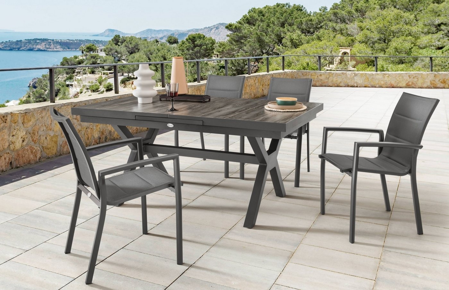 Destiny Garten-Essgruppe COSTA GARDA, (Set, 5-tlg, 1 Ausziehtisch, 4 Stapelsessel), (Set 5-tlg, 4 Sessel, 1 Tisch verstellbar 160/210x100x75cm) Aluminium Bild 1