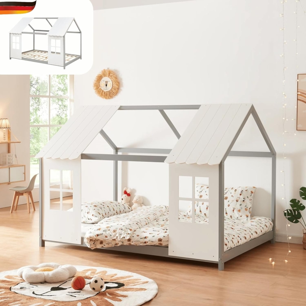 DELUKE® Kinderbett 120x200 GELO - mit Lattenrost Rausfallschutz Haus-OptikEinzelbett aus Holz Hausbett Kinderzimmer Montessori Bett Grau Bild 1