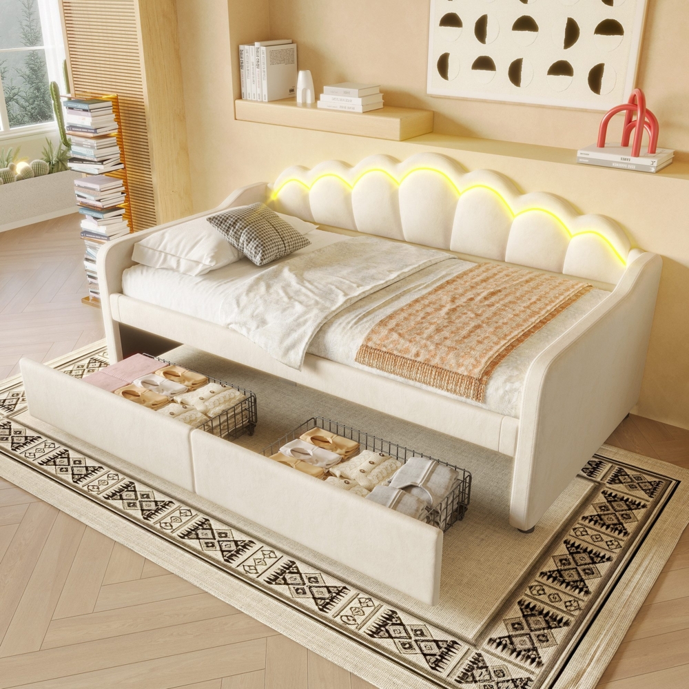 Schlafsofa mit LED-Beleuchtung, Schubladen und Lattenrost, 90x200 cm, Einzelbett, Polsterbett, Samt, beige Bild 1