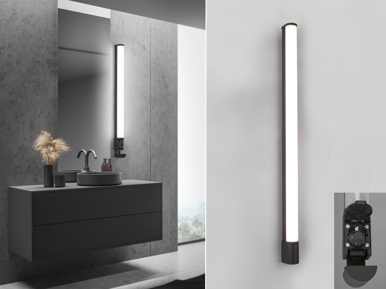 LED Bad Wandleuchte PIERA mit Steckdose Schwarz - Spiegelleuchte, Breite 119cm Bild 1