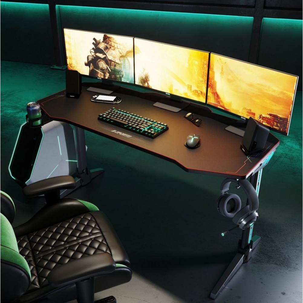 SONNI Gamingtisch Gamingtisch schwarz mit LED RGB Beleuchtung Breite 140cm, mit Mauspad,Becherhalter und Kopfhörerhaken, ergonomische,140x60x75cm Bild 1