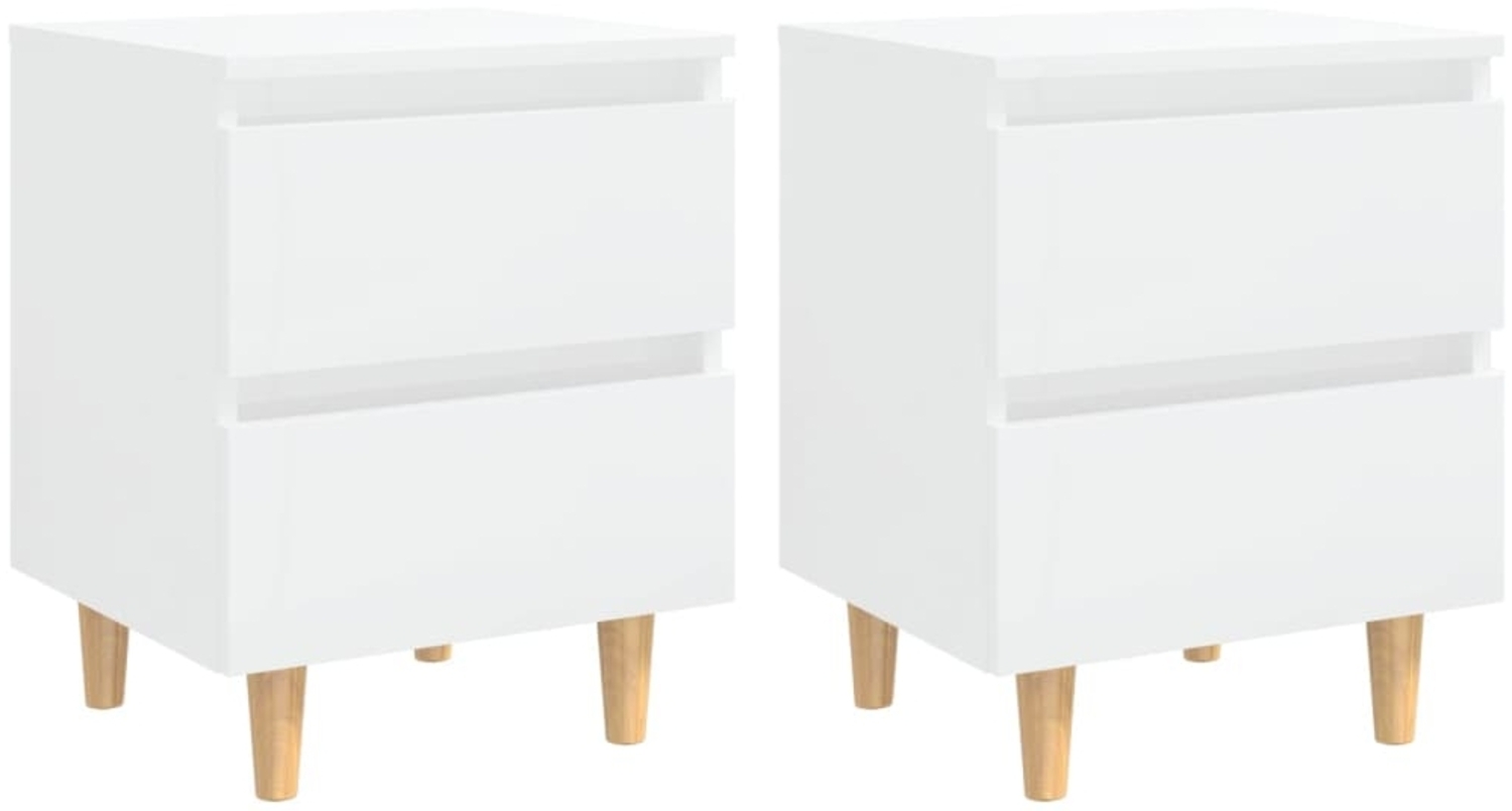 2er-Set Nachttische, Nachtschränke mit Kiefernholz-Beinen Hochglanz-Weiß Bild 1