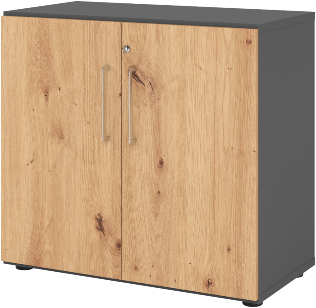 bümö Aktenschrank abschließbar, Büroschrank Holz 80cm breit in Graphit/Asteiche - abschließbarer Schrank mit Aktenregal für's Büro & Arbeitszimmer, Büro Möbel Ordnerschrank mit Schloss, 928T2-G-R-BS Bild 1