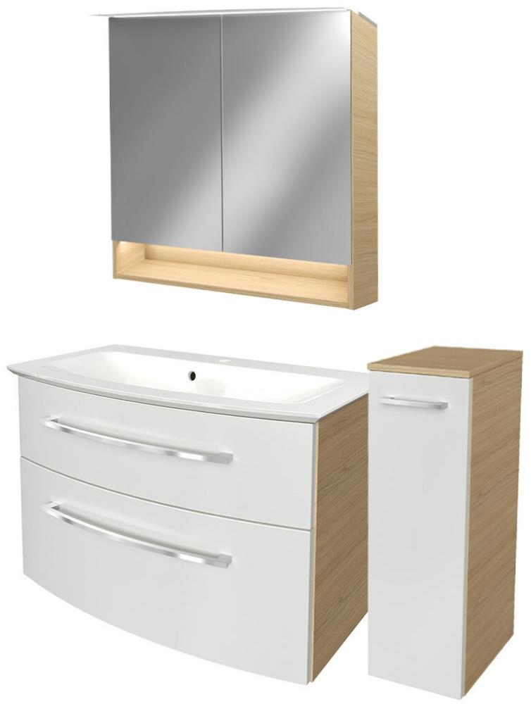 Fackelmann B.STYLE Badmöbel Set 4-teilig, 83 cm, Weiß/Braun + LED-Spiegelschrank + Schrank rechts Bild 1