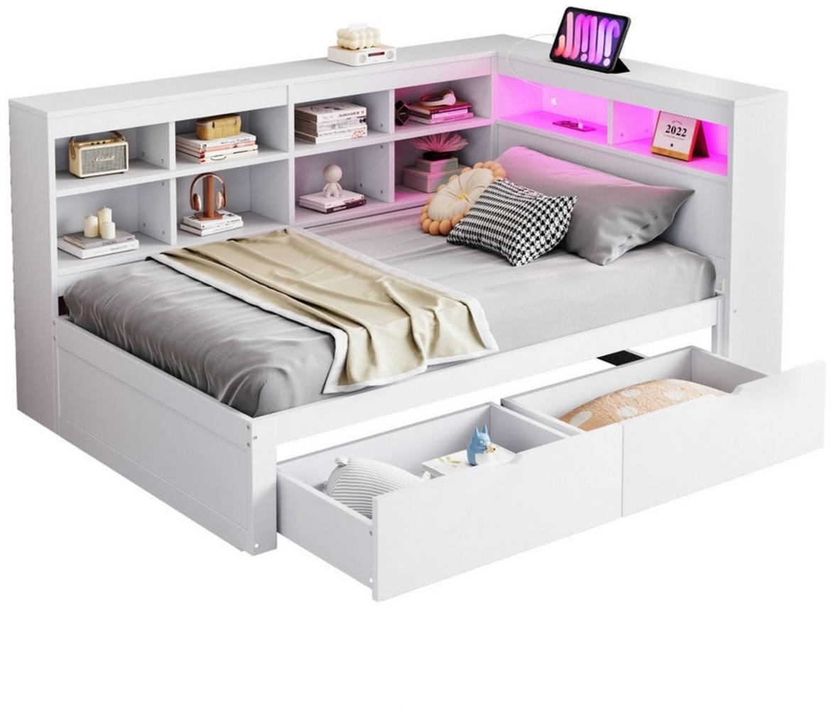 REDOM Stauraumbett Multifunktionales Schlafsofa Daybett Tagesbett Kinderbett (Einzelbett mit Stauraum, USB-Steckdose und LED-Beleuchtung, mit Regalen und Ablagefächern, für moderne Wohnzimmer, 90x200cm), mit Matratze Bild 1