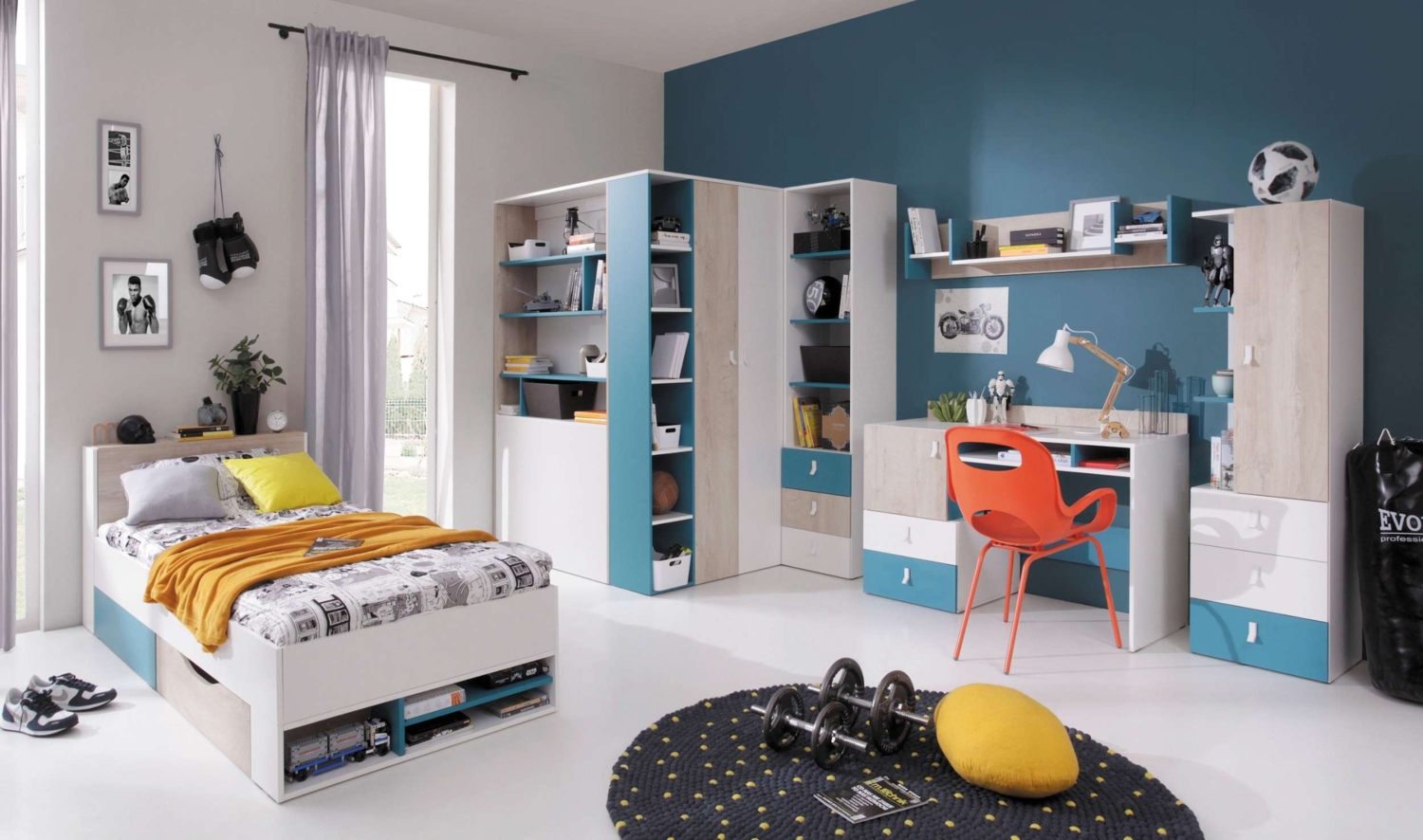 99rooms Sirius Kinderzimmer-Set Weiß Hochglanz Eiche Meerblau Bild 1