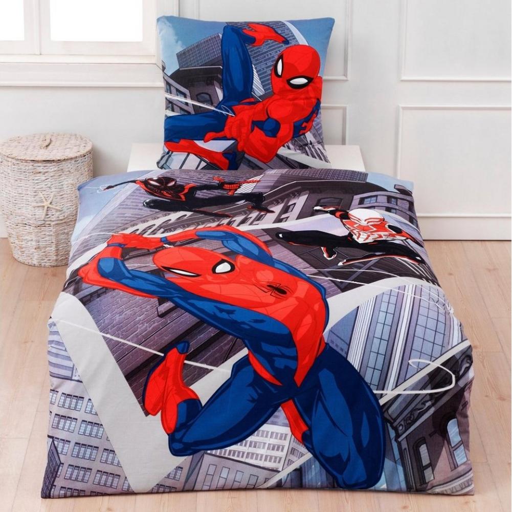 MTOnlinehandel Bettwäsche Spiderman Marvel 135x200 + 80x80 cm, 100 % Baumwolle, Flanell/Biber, 2 teilig, Jungen Kinderbettwäsche mit Reißverschluss Bild 1