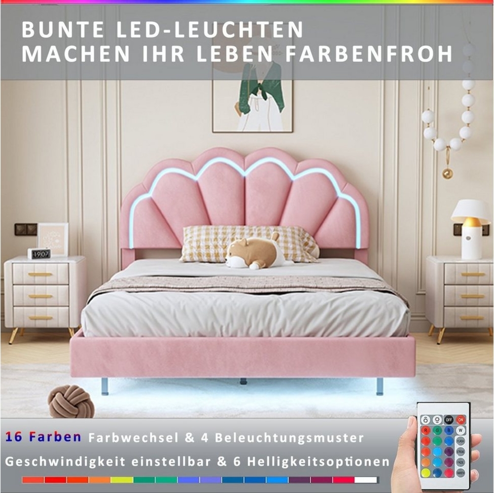 HAUSS SPLOE Polsterbett Polsterbett Funktionsbett Bettrahmen KInderbett Doppelbett (hautfreundlichem Samtstoff, Gepolsterter Schwebebett Rahmen, mit LED-Leuchten und Kopfteildesign), ohne Matratze, Gepolsterter Schwebebett Rahmen Bild 1