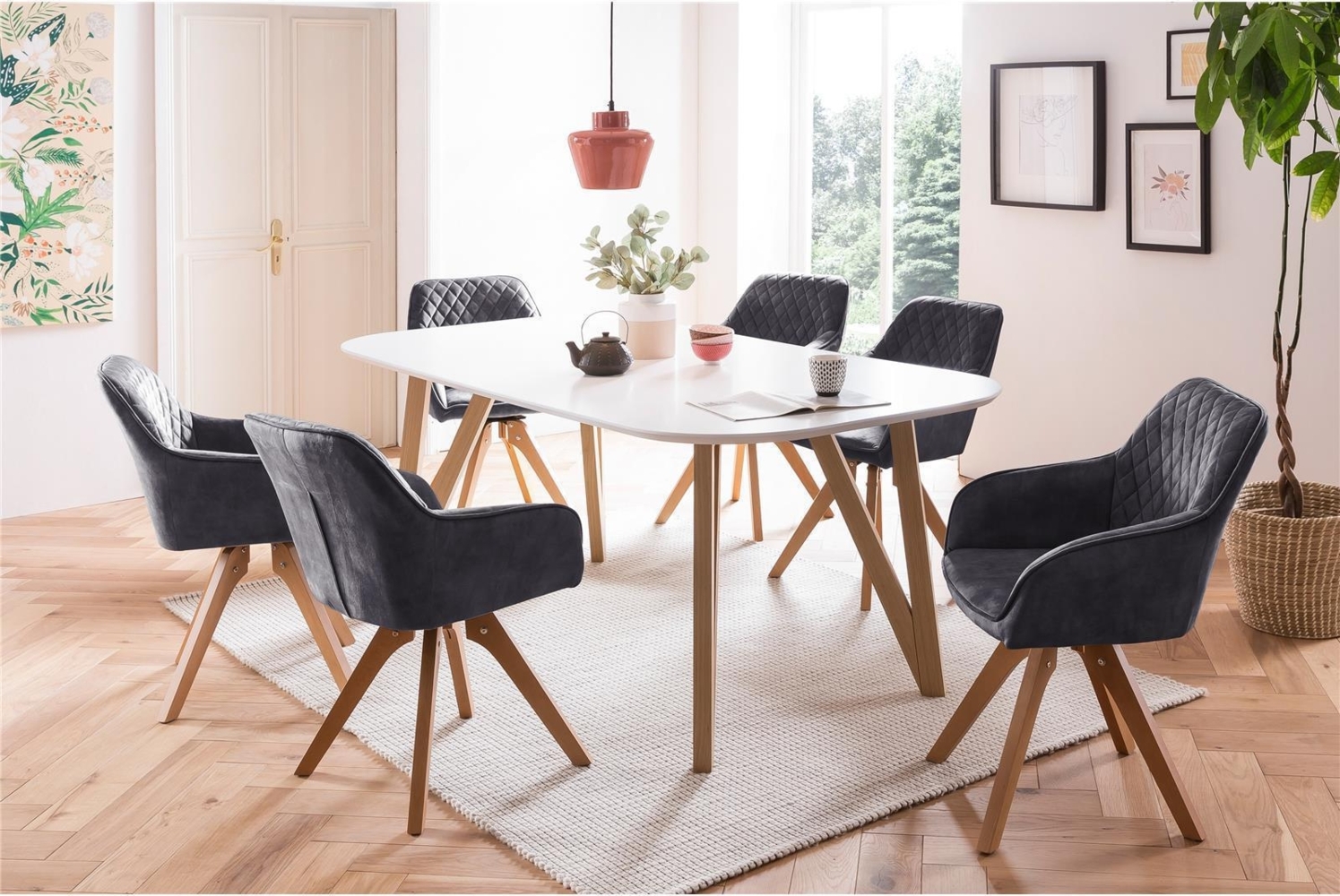 Essgruppe 5-tlg. Tisch 180x90 aus MDF Weiß + 4 Stühle aus Samtvelours Schwarz Bild 1