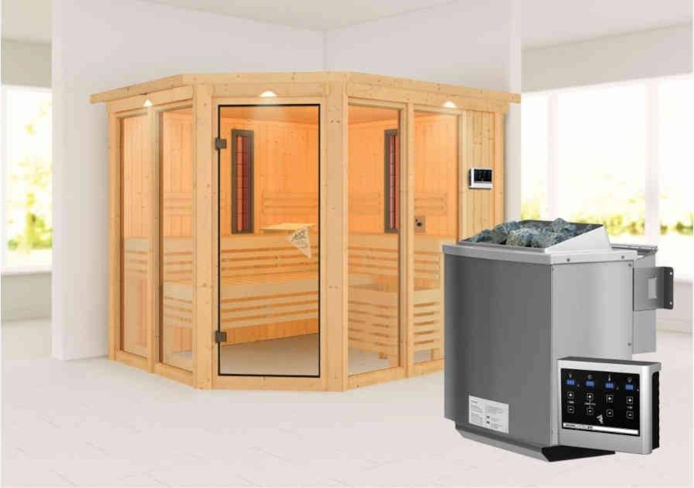 Karibu Sauna Ava mit Dachkranz + 9kW BIO-Kombiofen mit ext. Steuerung Easy Bild 1