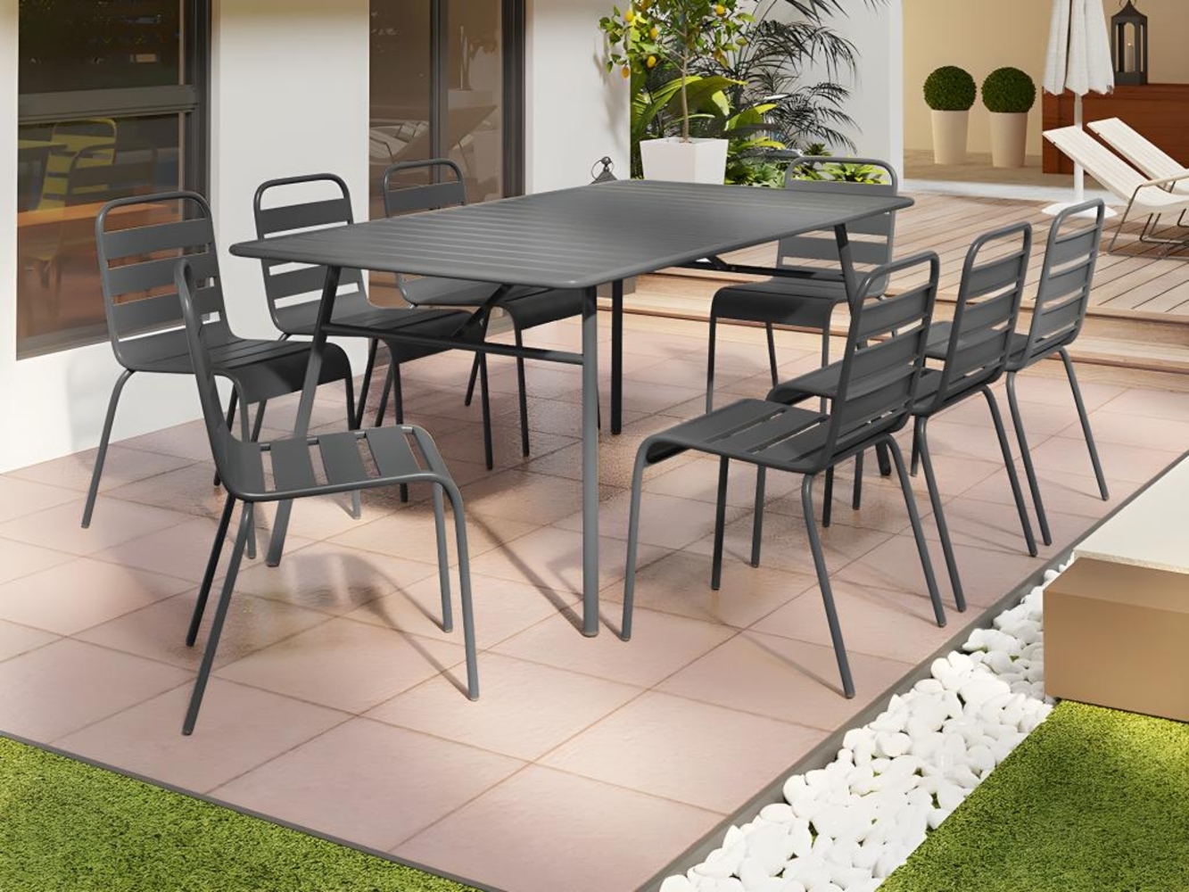 Vente-unique - Garten-Essgruppe: Tisch L. 200 cm + 8 stapelbare Stühle - Metall - Anthrazitgrau - MIRMANDE von MYLIA Bild 1