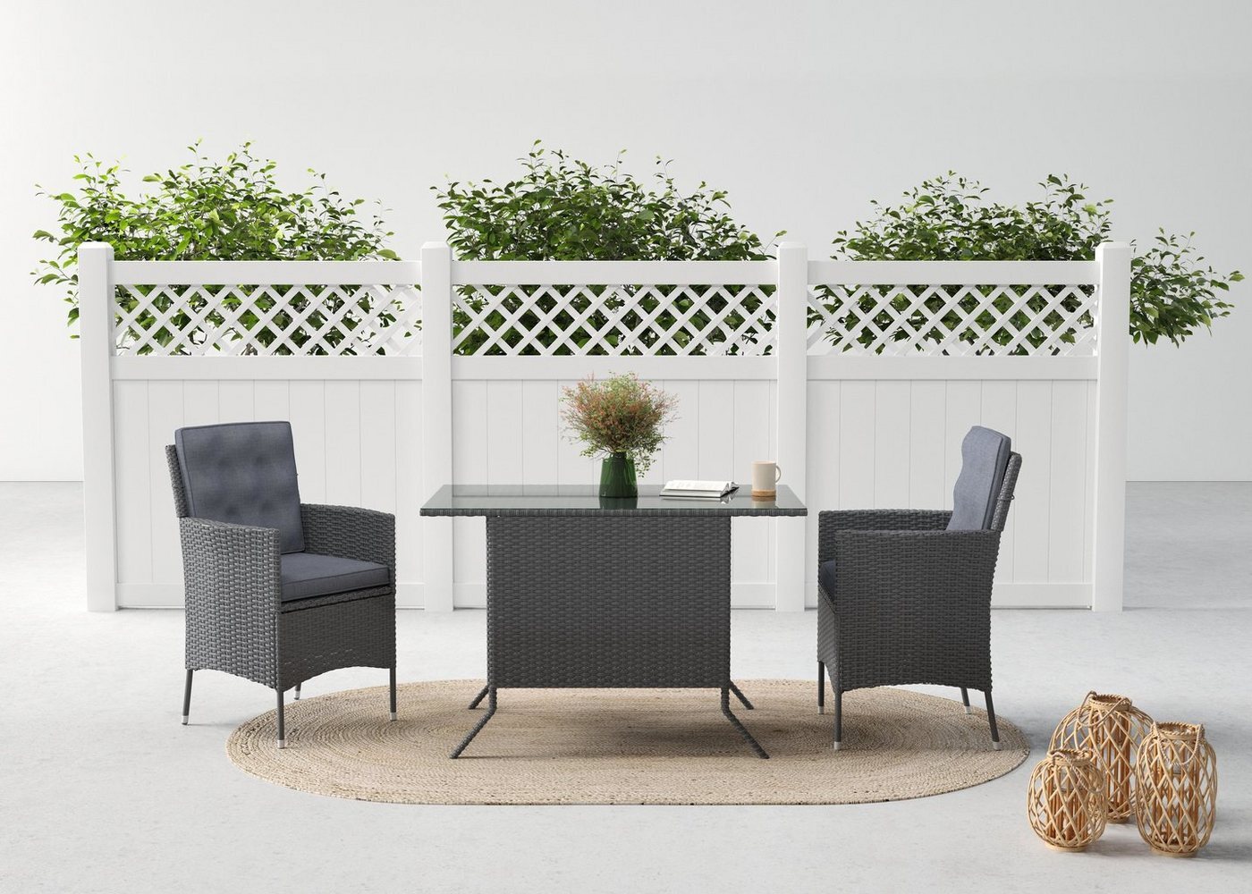 KONIFERA Garten-Essgruppe Korfu, (Set, 5-tlg, 2x Sessel, 1x Tisch 112x65x73,5 cm, inkl. Auflagen, inkl. Schutzhülle), Polyrattan/Stahl, Dunkelgrau Bild 1